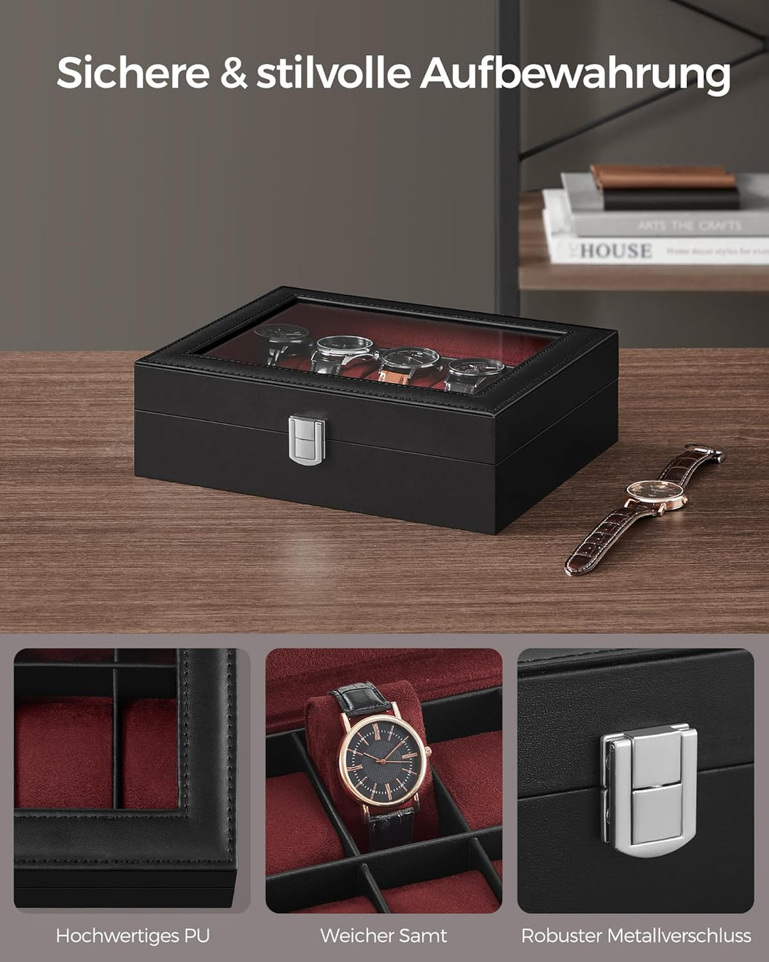 SONGMICS Uhrenbox mit 10 Fächern, Uhrenkasten, Glasdeckel, Uhrenkoffer, herausnehmbare Uhrenkissen,