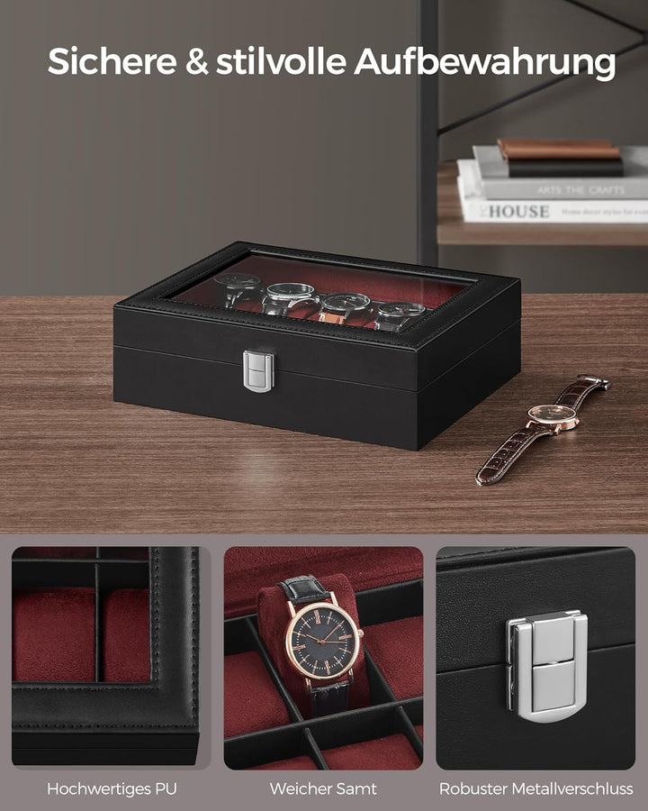 SONGMICS Uhrenbox mit 10 Fächern, Uhrenkasten, Glasdeckel, Uhrenkoffer, herausnehmbare Uhrenkissen,