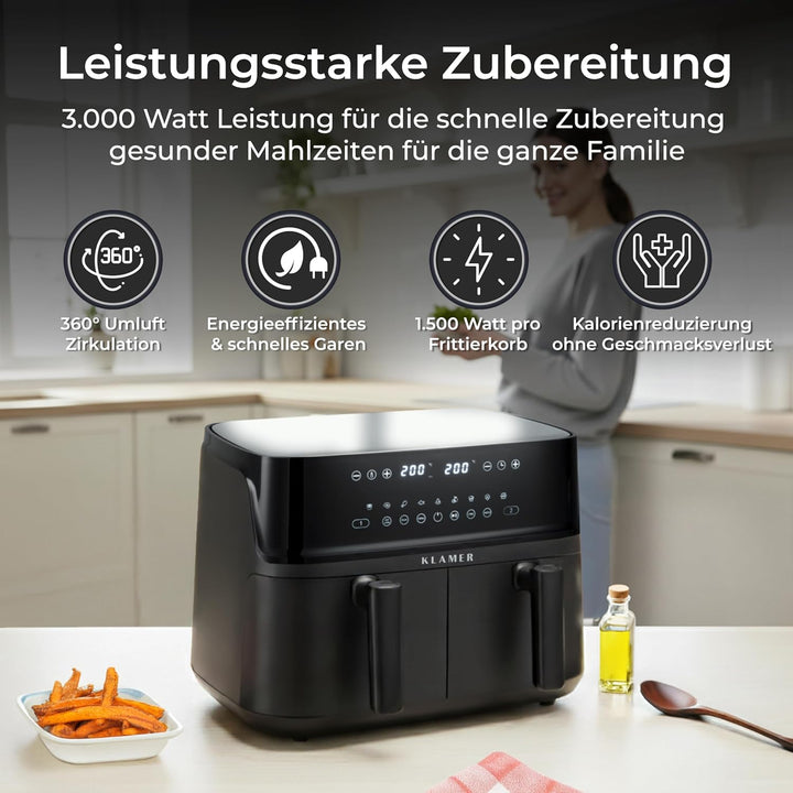 KLAMER Heissluftfritteuse Duo 9 L – Doppelkammer Airfryer mit 2 Körben & Digitaldisplay, 10 Automati