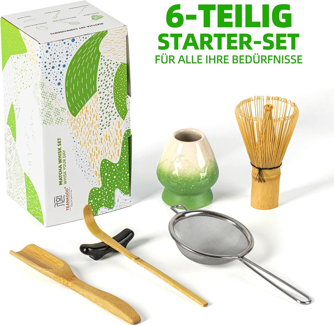TEANAGOO Matcha Schneebesen Set,Matcha Schneebesen(100 Zinken) mit grünem Halter,6-PCS Traditionelle