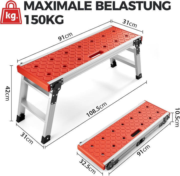 KINGRACK Klappbare Arbeitsplattform, Aluminium Stufenleiter Plattformleiter mit rutschfesten Gummifü