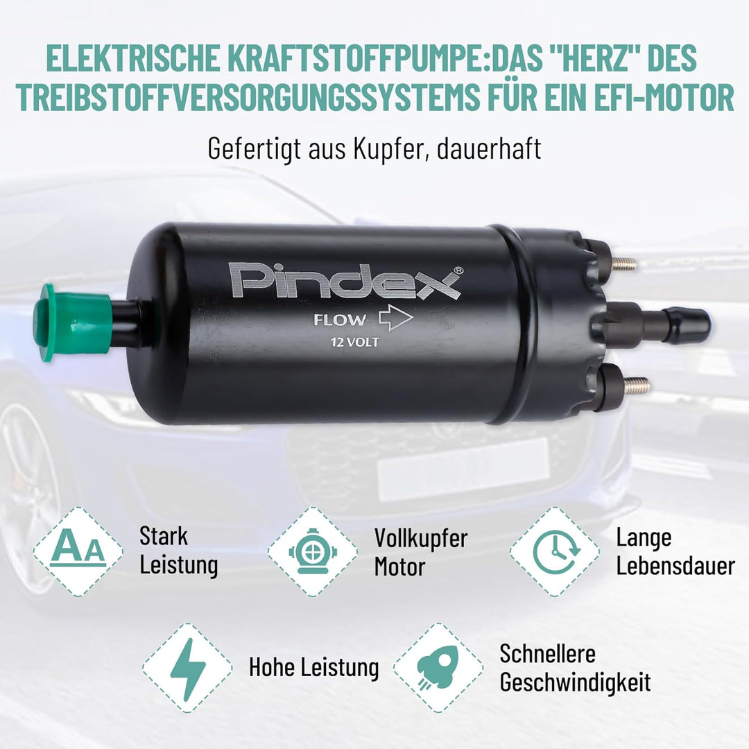 Pindex Elektrische Kraftstoffpumpe 12V 0580464070, elektr. Hochdruckkraftstoffpumpe mit Dämpferhalte