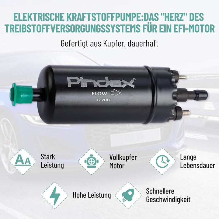 Pindex Elektrische Kraftstoffpumpe 12V 0580464070, elektr. Hochdruckkraftstoffpumpe mit Dämpferhalte