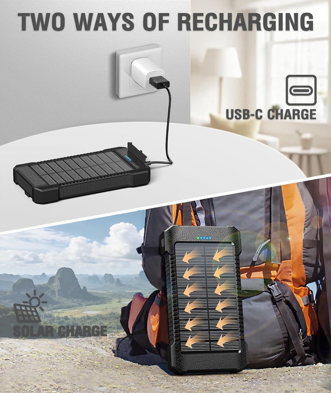 Solar Powerbank 26800 mAh mit Saugnapfhalterung, Powerbank Externe Akkus 3 USB Anschlüsse mit Tasche