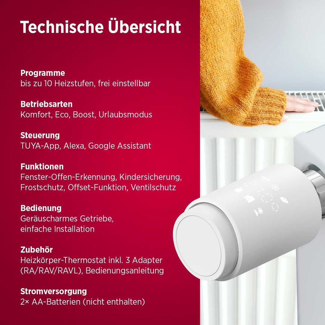 Olympia HT-02Y Smart Thermostat WiFi | Heizkörperthermostat Smart mit Tuya-App, Alexa & Google | Ein