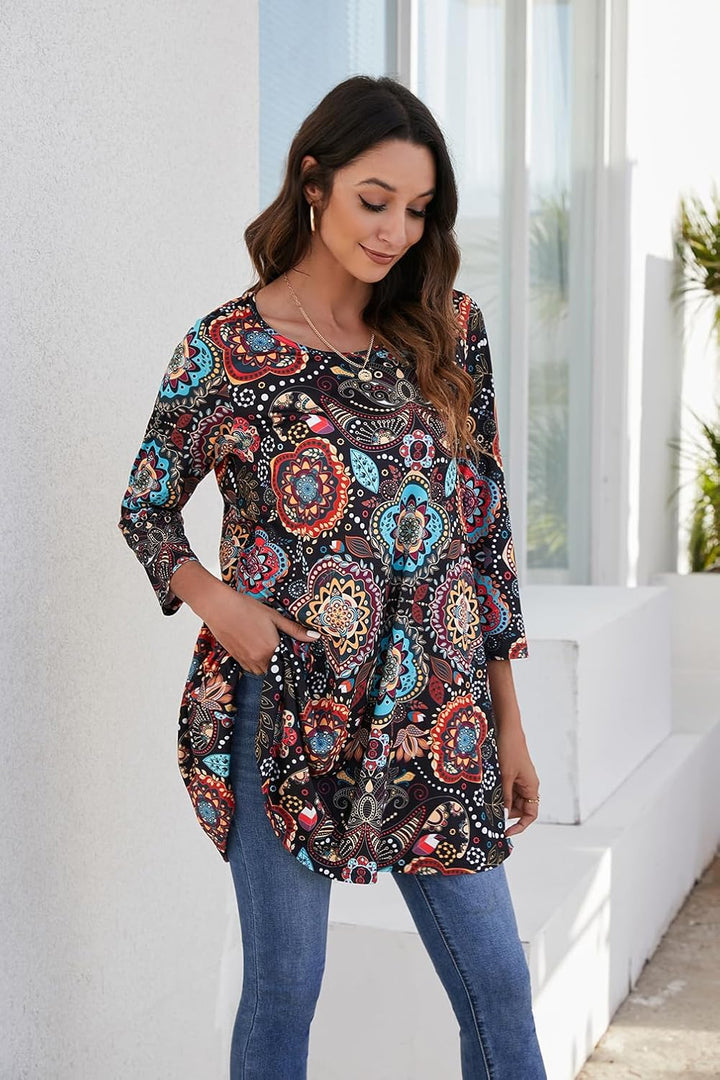 Enmain Damen Tunika Shirt Langarm/Kurzarm Longshirt Paisley Blumen 3/4 ärmel Locker Tops Sitzende Ob