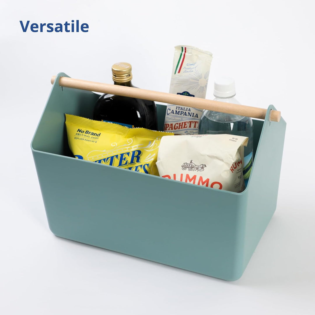 BLUE GINKGO Grosse Aufbewahrungskiste – Kunststoff-Caddy mit Holzgriff für Bad, Vorratsraum oder Rei