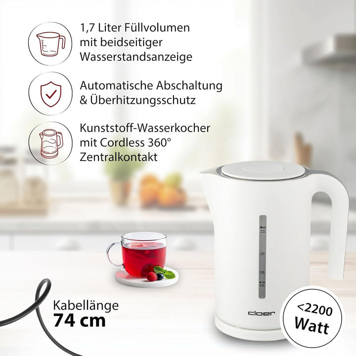 Cloer 4111 Wasserkocher, 2200 W, grosse Wasserstandsanzeige, Trockengeh- und Überhitzungsschutz, 1,7