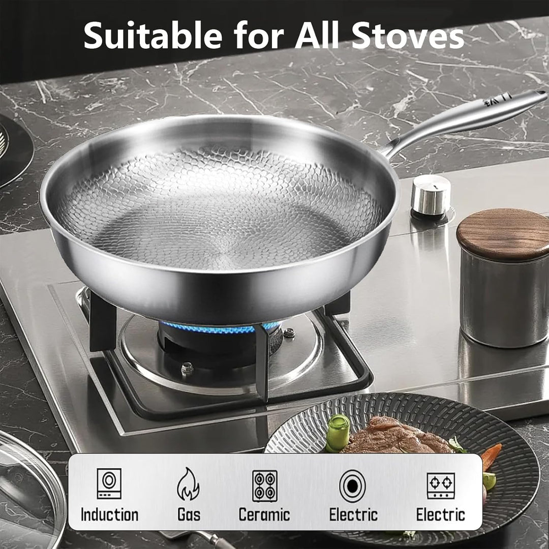Titan Pfanne Unbeschichtet,Titanium Hammered Pan Pro mit Deckel Spatel 26CM | Pfanne Aus Reinem Tita