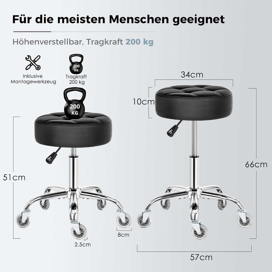 BEWISHOME Rollhocker mit Rollen,Verstellbarer Hocker für hohe Belastungen bis 200 kg,360° Drehhocker