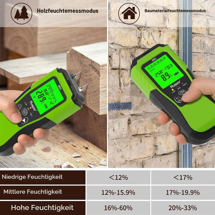 Huepar Digitales Holzfeuchtemessgrät, Pin–Type Wasserdetektur mit 2 Messmodi –8 Type von Messe der H