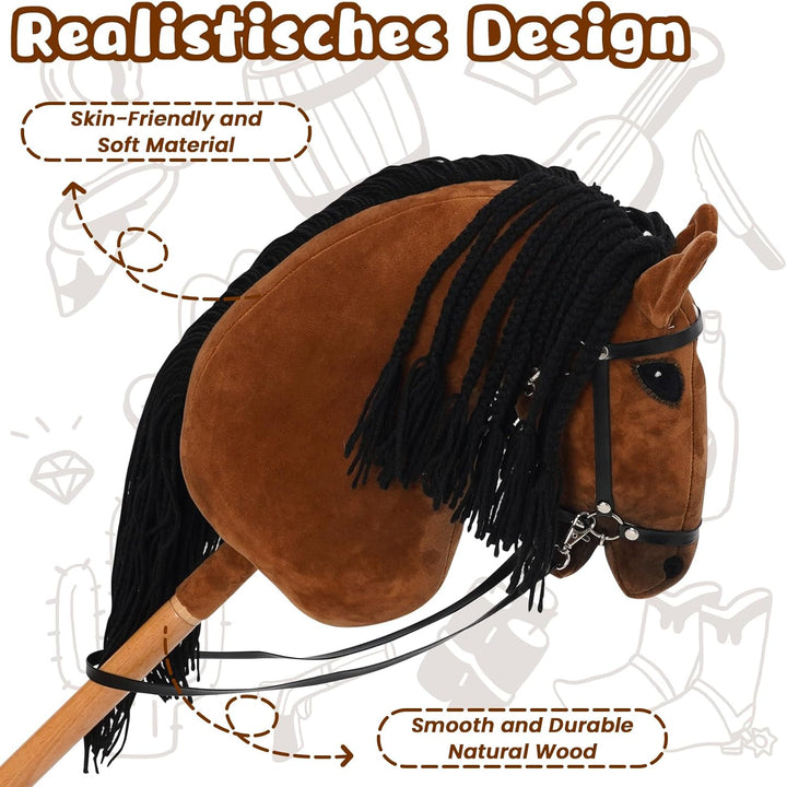 Hobby Horse für Kinder, Steckenpferd Spielzeug Pferd mit Halfter und Zügeln, Holzpferd Plüschpferd S