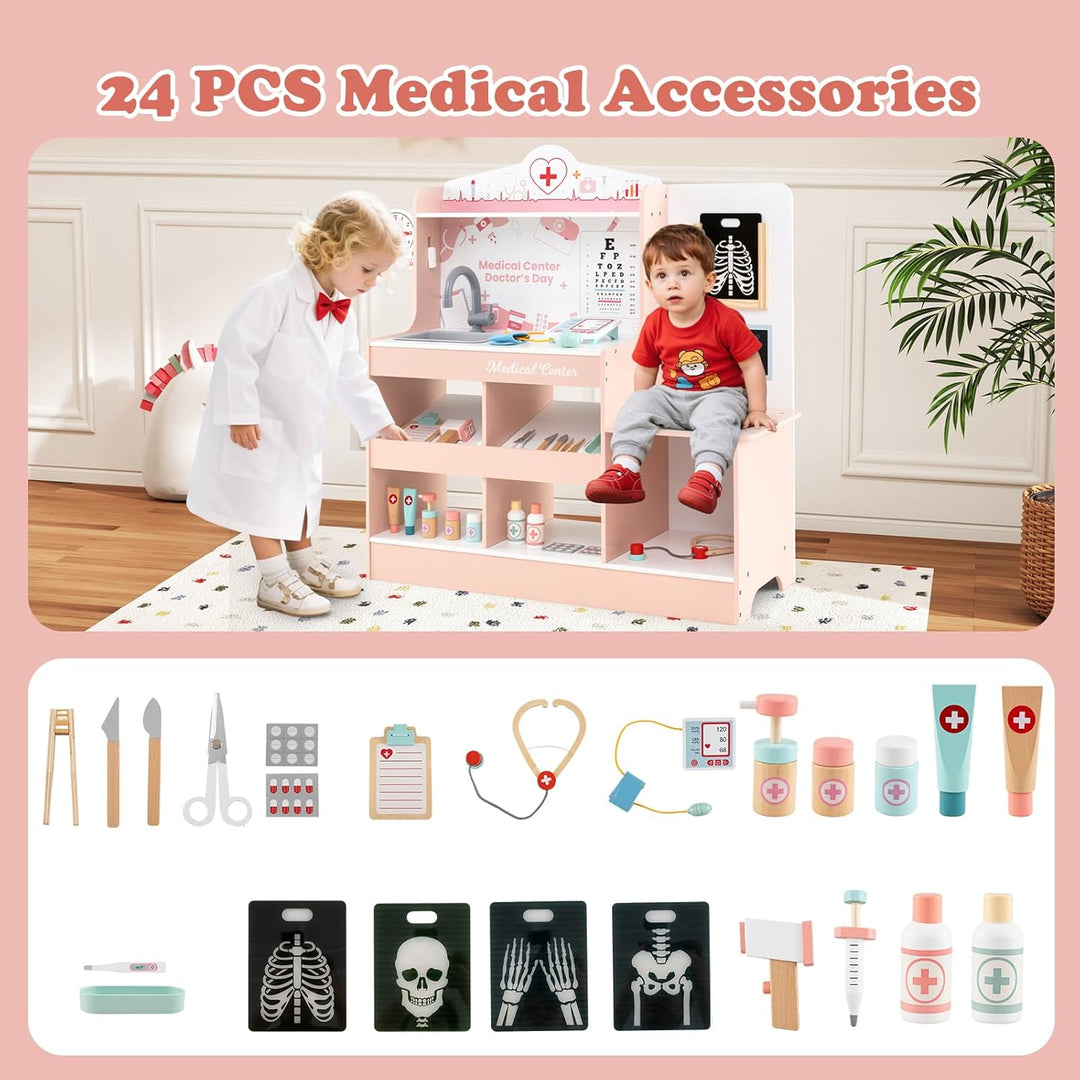 HOMASIS Arzt-Set aus Holz, Arzt-Set für Kinder mit Waschbecken, Sichtprüfung, Elektrokardiogramm, Uh