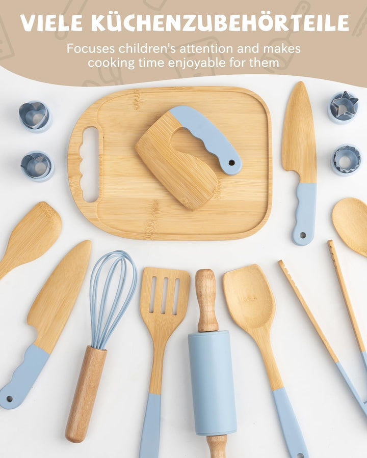 Kindermesser Set – 15-teilig mit sicherem Kiddikutter, Holzmesser Schneidebrett – Montessori Küchens