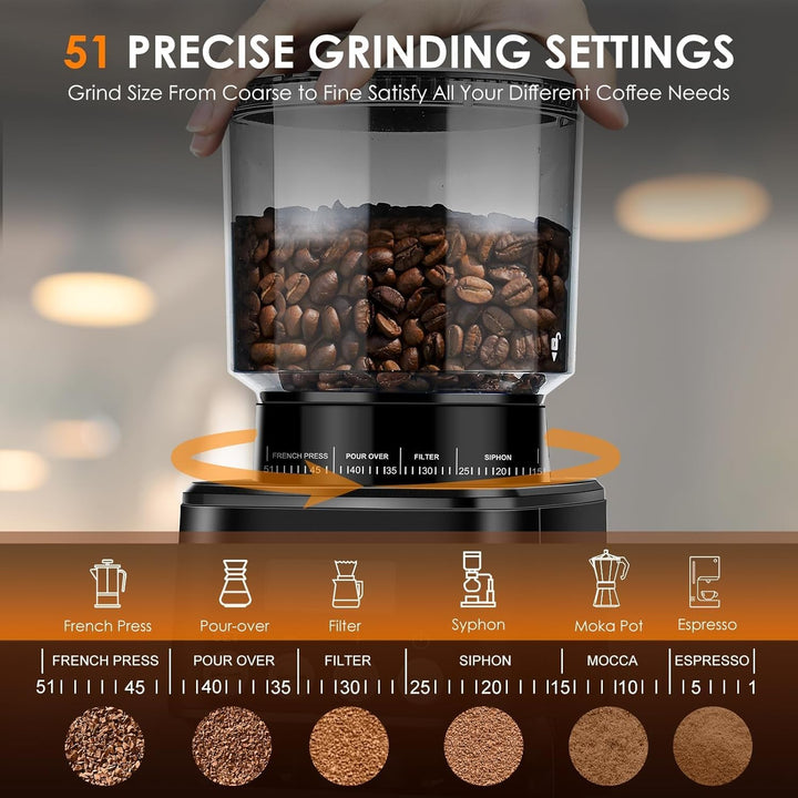 Homtone Kaffeemühle Elektrisch für Siebträger und Behälter, 51 Mahlstufen Kaffeemühle Siebträger Ele
