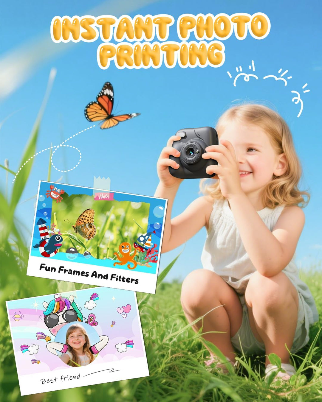 CAMCLID Kinderkamera Sofortbildkamera, 1080P Sofortbildkamera Kinder mit 32GB Karte & 3 Rollen Druck