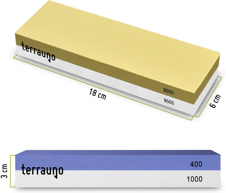 TerraUno Schleifstein 4 in 1 Set Körnung: 400/1000 & 3000/8000 – Wetzsteine zum Schärfen und Schleif