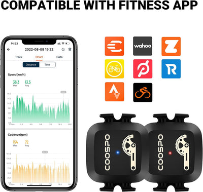 COOSPO Fahrrad Geschwindigkeitssensor und Trittfrequenzsensor Bluetooth ANT+, Cadence Speed Sensor I