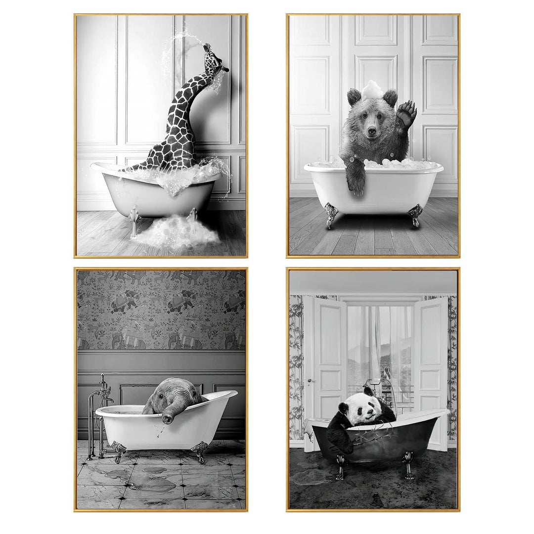 WADBTP Badezimmer Bilder,Schwarz Weiss Bilde,Lustige Tier in der Badewanne Leinwand Bilder für Wohnz