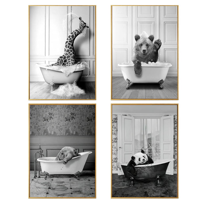 WADBTP Badezimmer Bilder,Schwarz Weiss Bilde,Lustige Tier in der Badewanne Leinwand Bilder für Wohnz