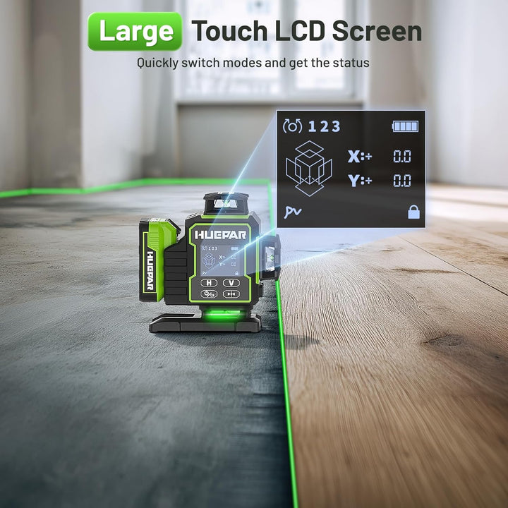 Huepar W04CG 8RG 4D Laser-Wasserwaage mit Laserdetektor, LCD-Display Laser-Wasserwaage mit drehbarer
