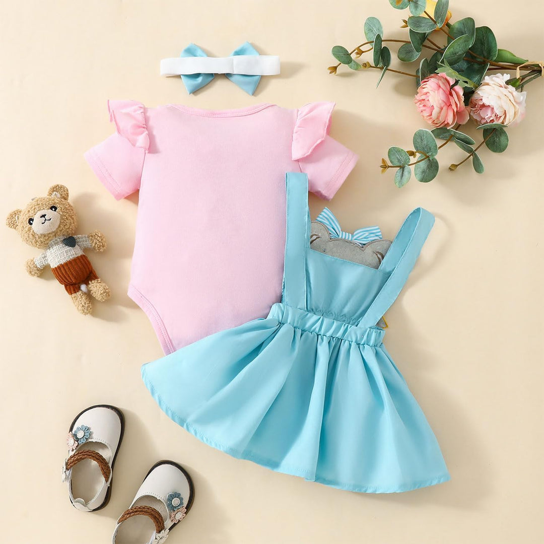 Baby Mädchen Strampler Bär Besticktes Hosenträgerkleid Bowknot Stirnband Kleiderset, Flying Sleeve R