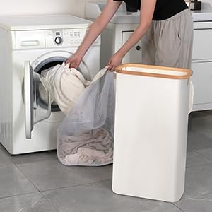 efluky Wäschekorb Schmal 63L, Schlanker Wäschekorb mit Deckel, Beige Faltbare Wäschebehälter mit Bam