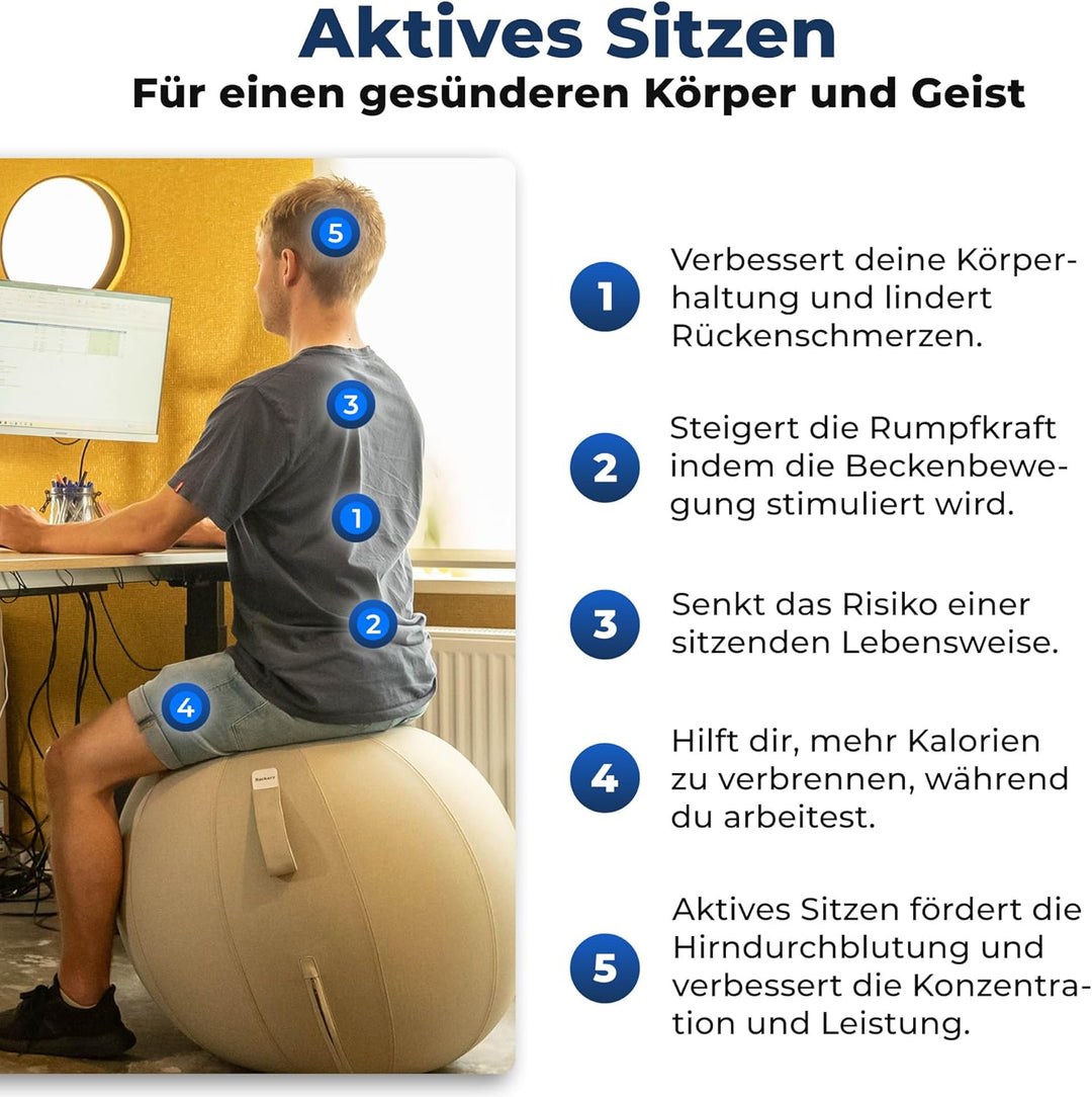 Sitzball Büro Ergonomisch 65 cm, Ergonomische Sitzmöbel für Büro und Heimbüro, Langlebiger Stoff, Gy