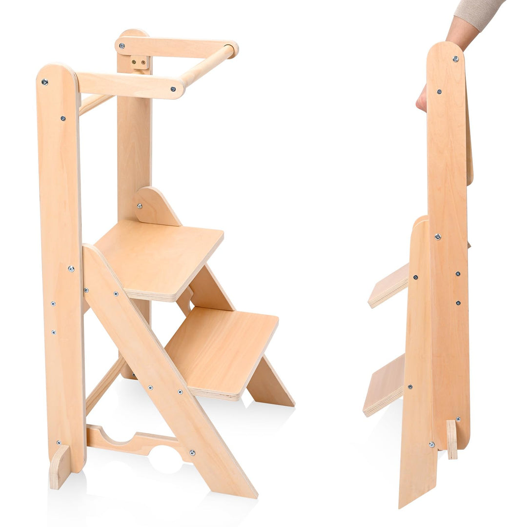 Lernturm ab 1 Jahr, Montessori Lernturm klappbar mit 2-facher Höhenverstellung, Holz Learning Tower