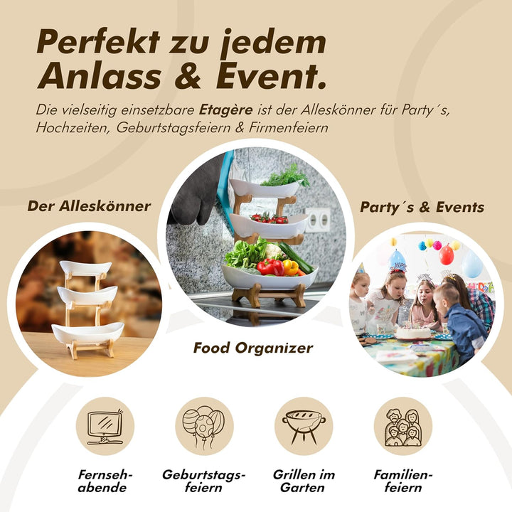 Obst Etagere 3 stöckig WEISS KERAMIK mit Bambusständer, Servierständer für Obst Snacks Gebäck, elega