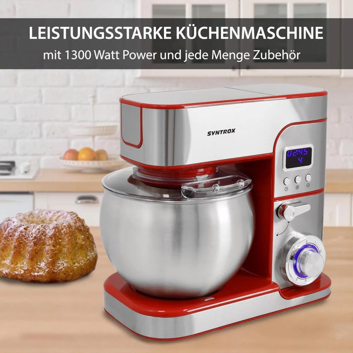 Syntrox Germany Küchengerät Kagus Edelstahl 6 Liter Küchenmaschine & Fleischwolf, Knethaken, Schneeb