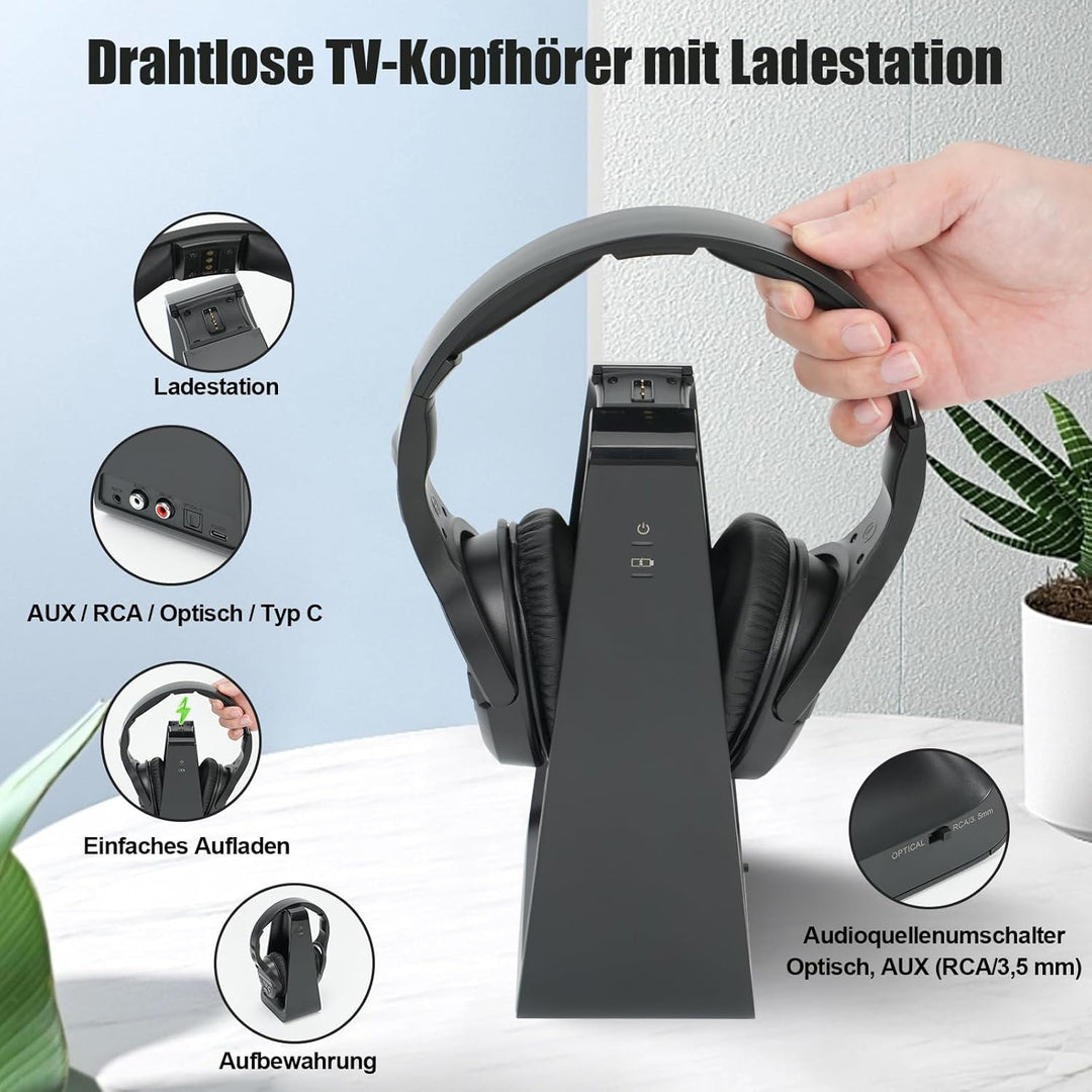 Kabellose TV-Kopfhörer mit Ladestation, kabelloser Kopfhörer zum Fernsehen, grosse Lautstärkeregler