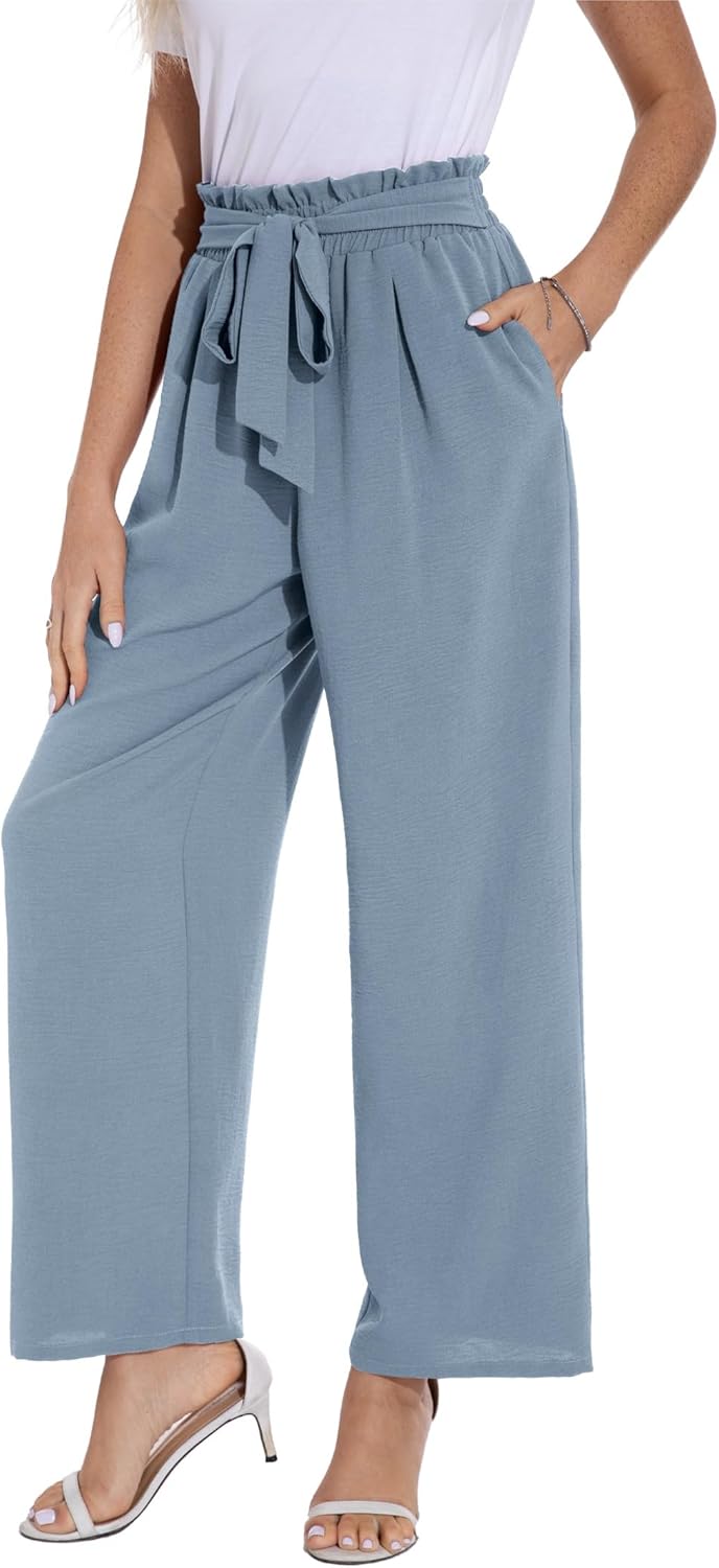 PrinStory Damen Hose Mit Weitem Bein Leichte Elastische Taille Sommer Hose Mit Taschen Kausale Arbei