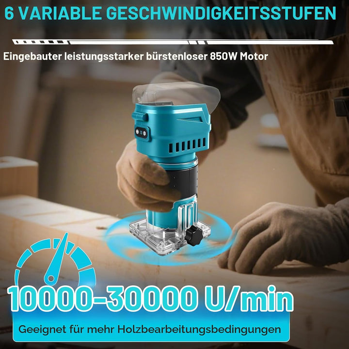 Kabelloser Oberfräse kompatibel mit Makita 18 V Akku, 850W, 30.000 U/min, bürstenloser Holzschneider