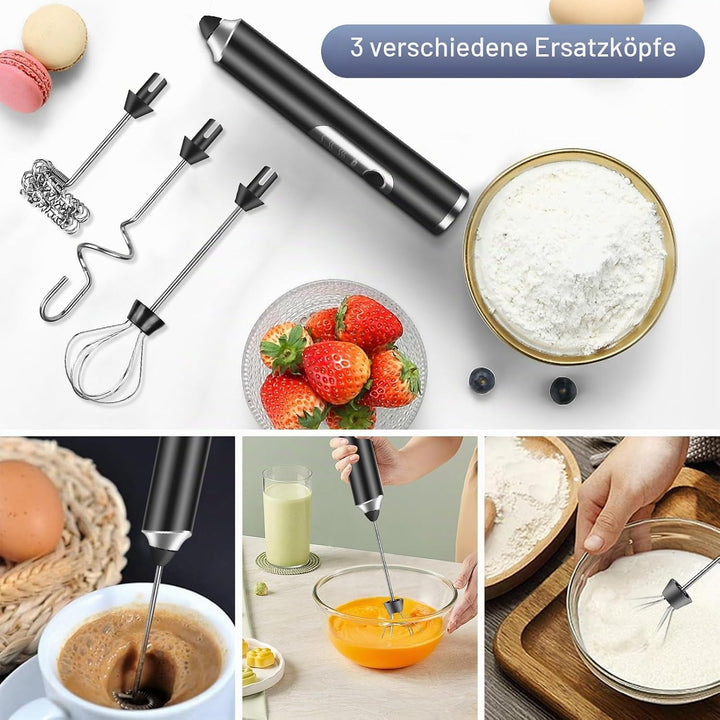 Elektrische Milchaufschäumer Stab Milchschäumer Elektrisch Wiederaufladbar mit 3 Edelstahl-Schneebes