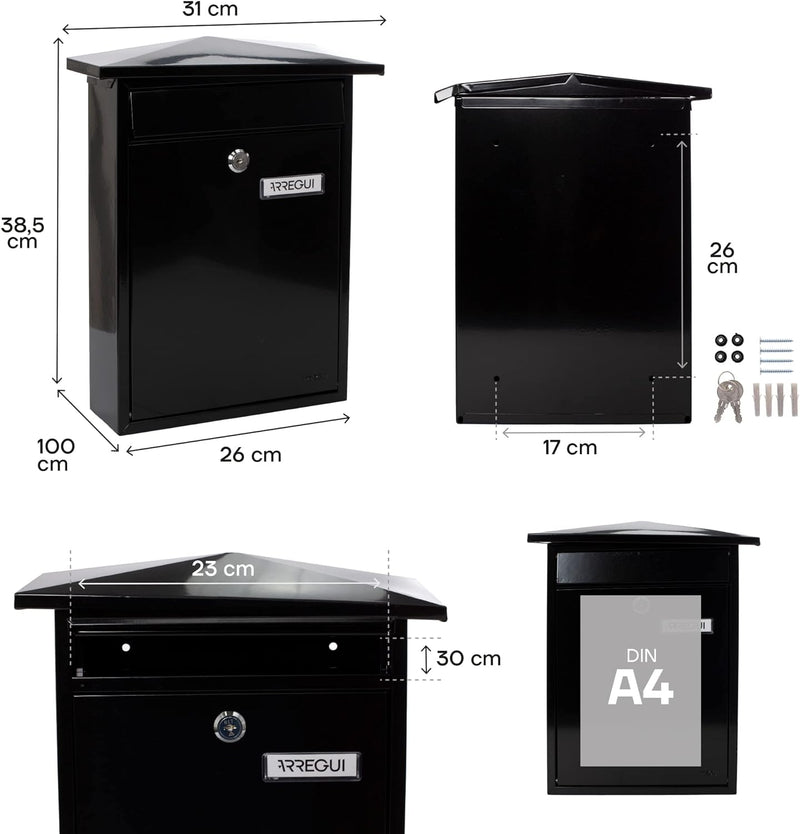 Arregui Home E5714 Individueller Briefkasten aus Stahl, Grösse M (DIN A4), Schwarz, Schwarz