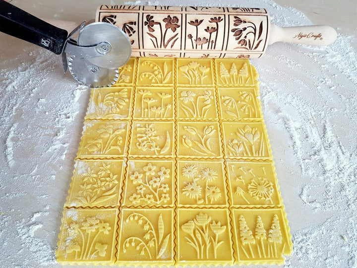 FRÜHLINGSBLUMEN Nudelholz mit Muster - Teigroller Holz Frühling Blumen für DIY hausgemacht Plätzchen