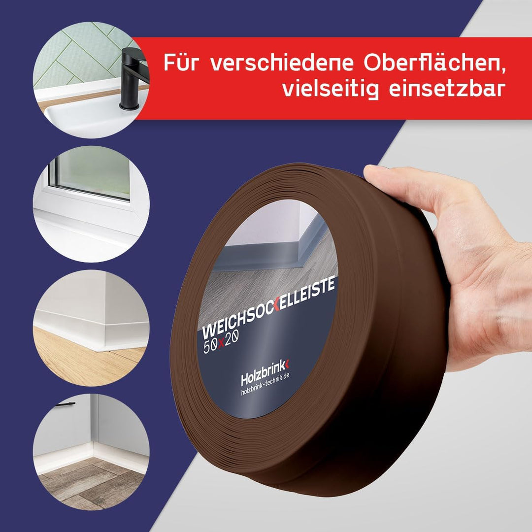 HOLZBRINK Weichsockelleiste selbstklebend SCHOKOLADE Knickleiste, 50x20mm, 25 Meter 25m