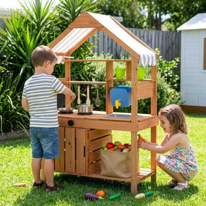 OOOK Outdoor Spielküche, Grosse Matschküche Outdoor aus Holz, Gartenspielküche mit Gartenspüle, Töpf