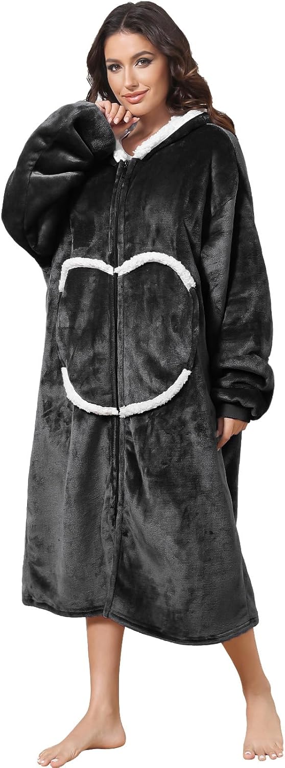 Decke mit Ärmeln und Kapuze, Kuscheldecke Hoodiedecken mit Reissverschluss und Taschen Schwarz, Schw