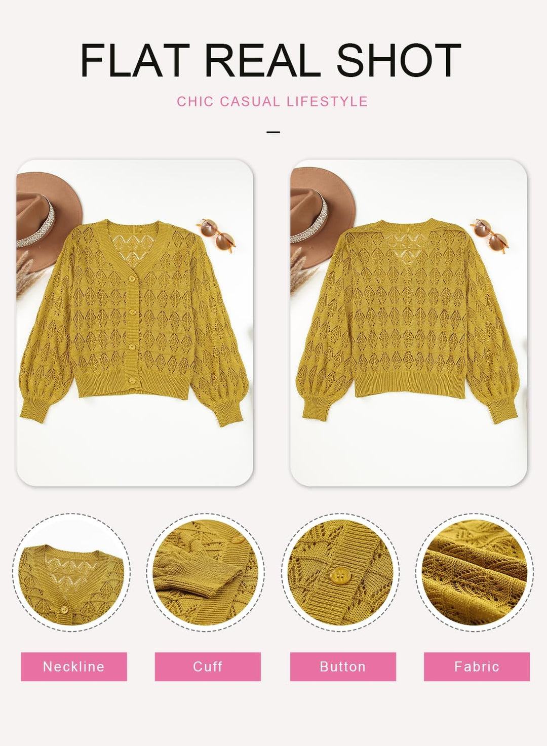 Dokotoo Damen Strickjacke V-Ausschnitt Kurzer Cardigan Elegant Langarm Leichter Strickpullover mit K