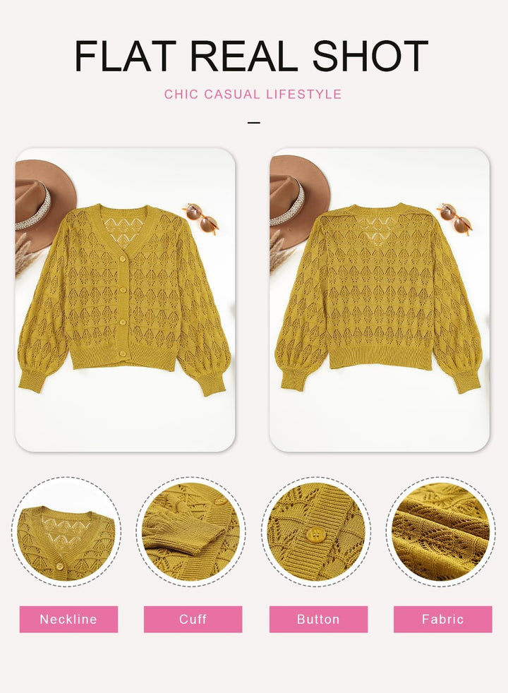 Dokotoo Damen Strickjacke V-Ausschnitt Kurzer Cardigan Elegant Langarm Leichter Strickpullover mit K