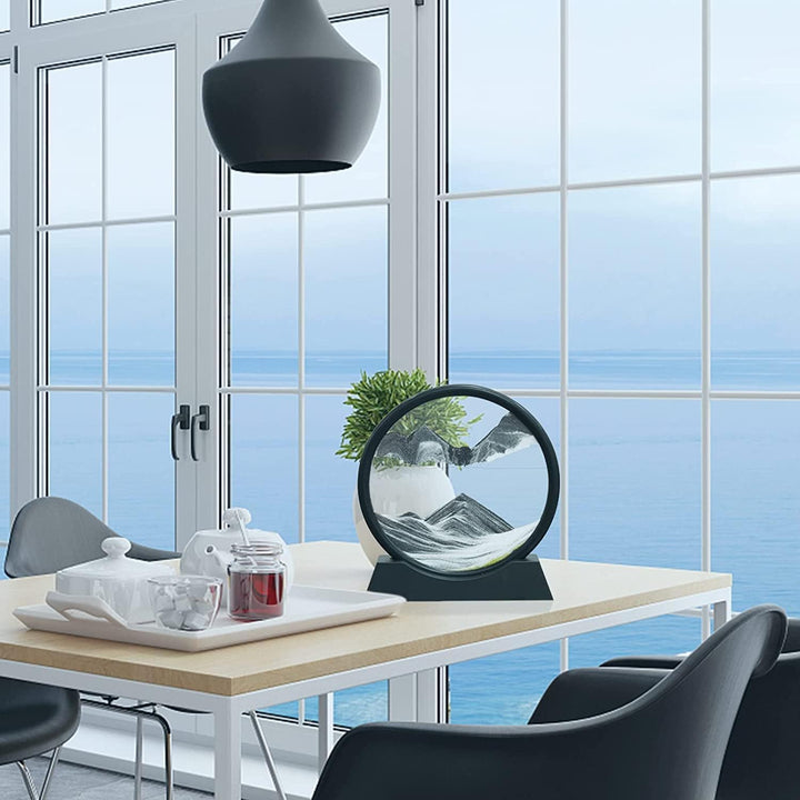 Fliessendes Sandgemälde, rundes Glas， Heim und Büro Desktop Schwarz 7 inch, Schwarz 7 inch
