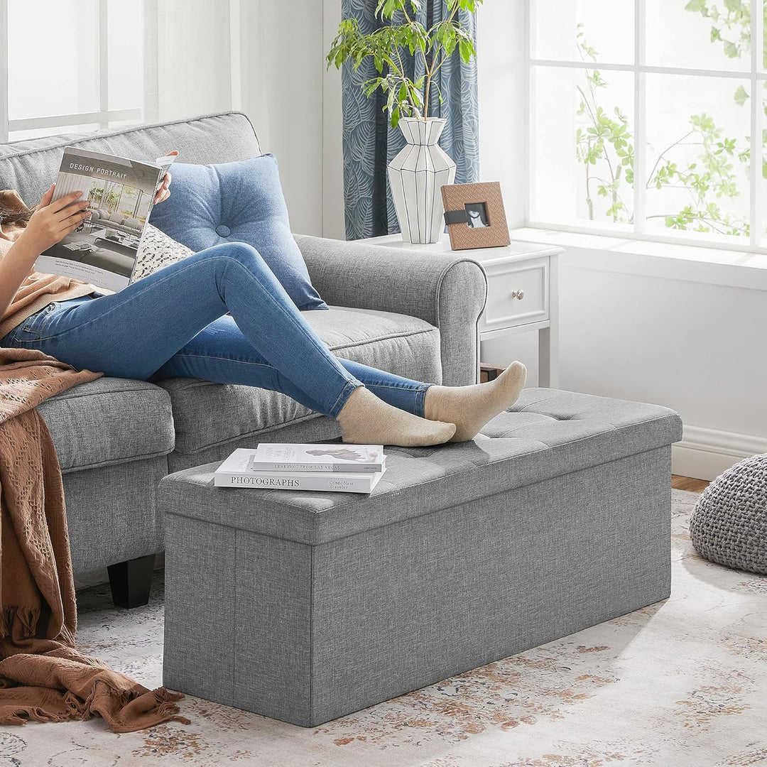 SONGMICS 110 cm Sitzbank mit Stauraum, 2er Set, klappbare Sitztruhe, Aufbewahrungsbox, Fussbank, hel