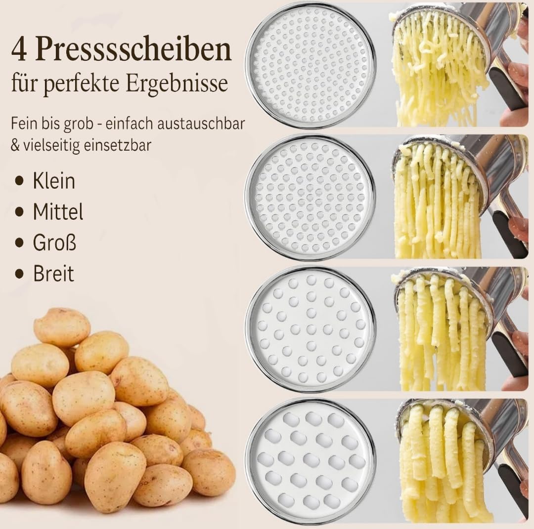 Kartoffelpresse aus Edelstahl mit 4 austauschbaren Scheiben, Multifunktional für Fein, Mittel, Grob