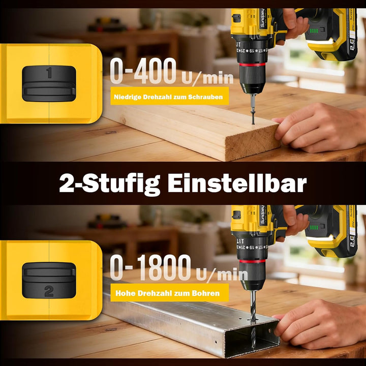 Sundpey 21V Akkuschrauber Set - Max. 70Nm Bürstenlos Akkubohrer und Schrauber mit 2 x 2.0Ah Akku, 23