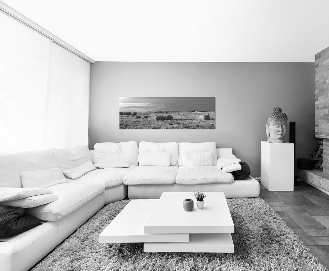 Paul Sinus Art Leinwandfoto als Panorama SCHWARZ/Weiss 120x40cm Toskana Feld Strohballen Herbst Aben
