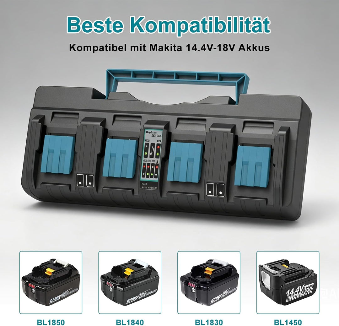 4-Fach Schnellladegerät DC18SF für Makita Ladegerät 18V | Kompatibel mit Makita Akku 18V/14.4V BL185