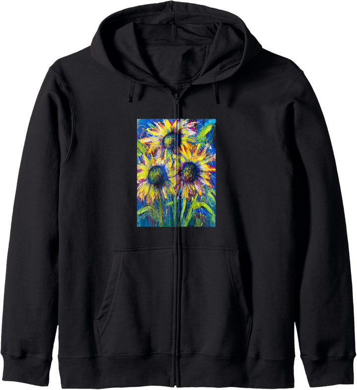 Sonnenblumenmalerei Kunst Blau Gelb Bauernhaus Blumenblumen Kapuzenjacke