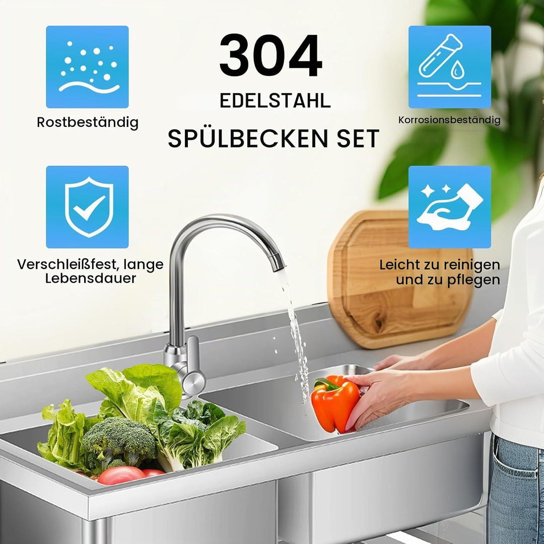 Edelstahl Spültisch 120x46x81CM, Freistehende Küchenspüle Gewerbliche Spülbecken Mit 1 Becken Wasser